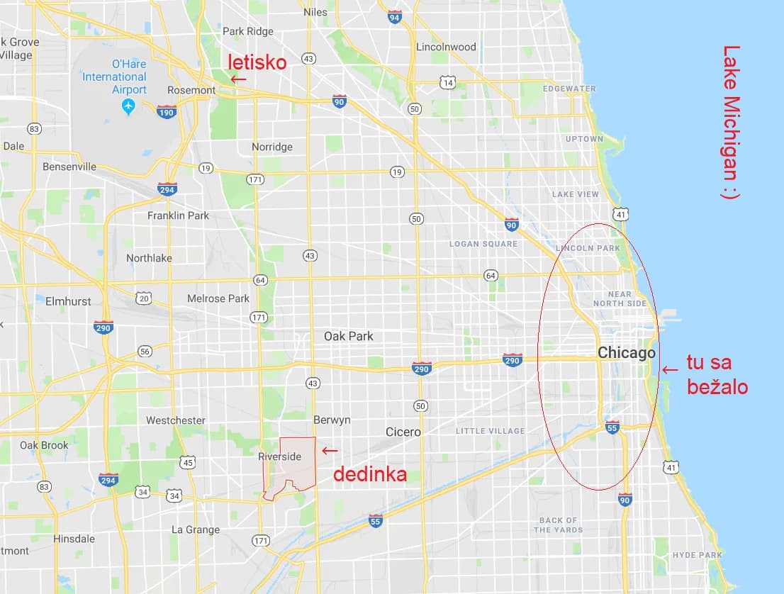Mapa – letisko, Riverside a Chicago