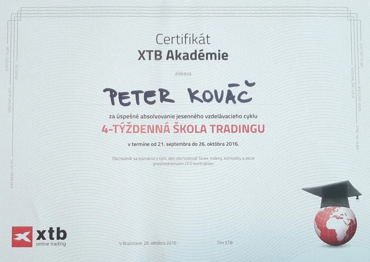 Certifikát XTB Akadémia – Škola tradingu 2016