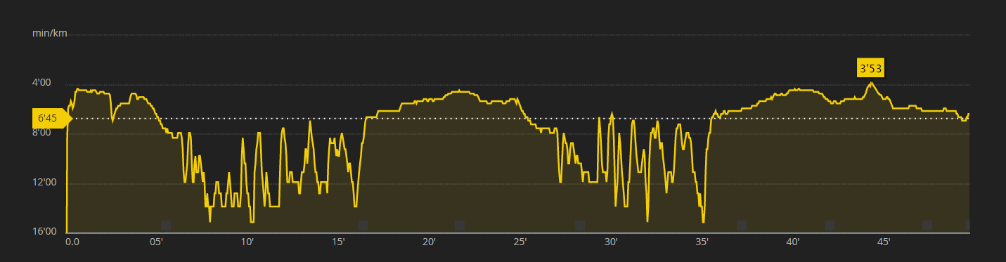 Priebeh tempa počas behu, kde vidno, že na konci mi už odišli sily