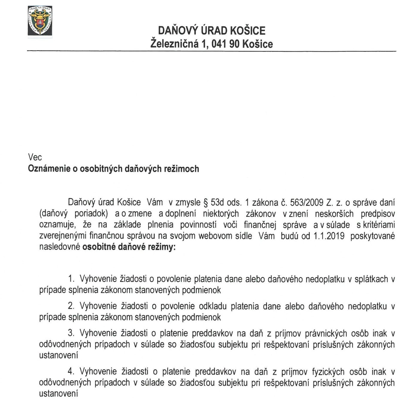 Časť z listu od Daňového úradu