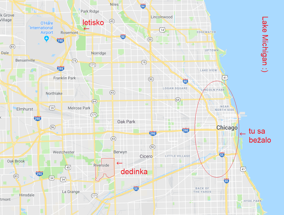 Mapa – letisko, Riverside a Chicago